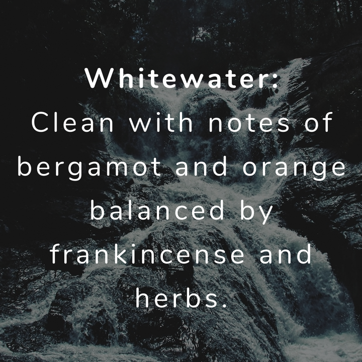 american ostrich farms skin care-whitewater scent-clean & invigorating, notes of bergamot & orange, balanced by frankincense & herbs, like a mighty river rushing over granite